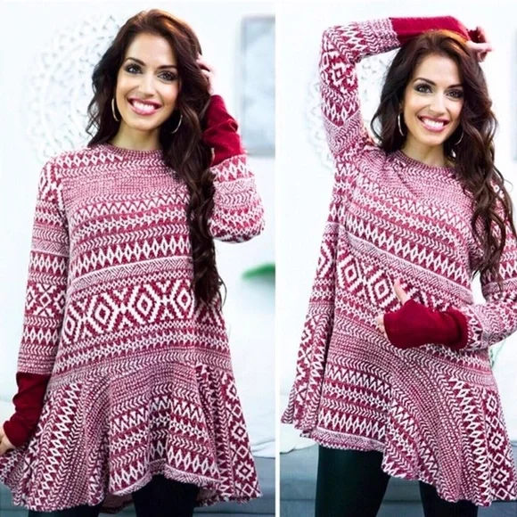 Warm Tunic Burgundy and Winter White Sweater - Picture 4 of 7